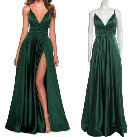 La Femme Dresses & Skirts - LA FEMME Emerald Green Satin Ball Gown Plunge V-Neck Dress Slit Evening 6 NWT